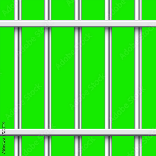 Shiny metal prison bars isolated on green chroma key. Detailed jail cage, prison iron fence. Criminal background mockup. Vector illustration