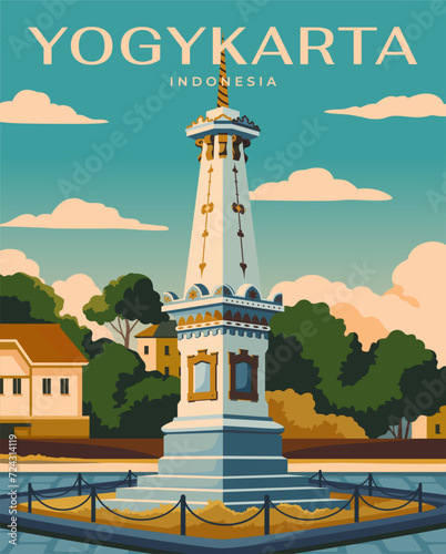 Poster with Tugu Yogyakarta. Landscape with famous tourist architectural landmark of Indonesia. Journey in Asia. Popular travel destination for summer vacation. Cartoon flat vector illustration