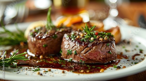 Grilled beef tenderloin steak on a white platter is served with demi glace sauce. Copy space for text.
