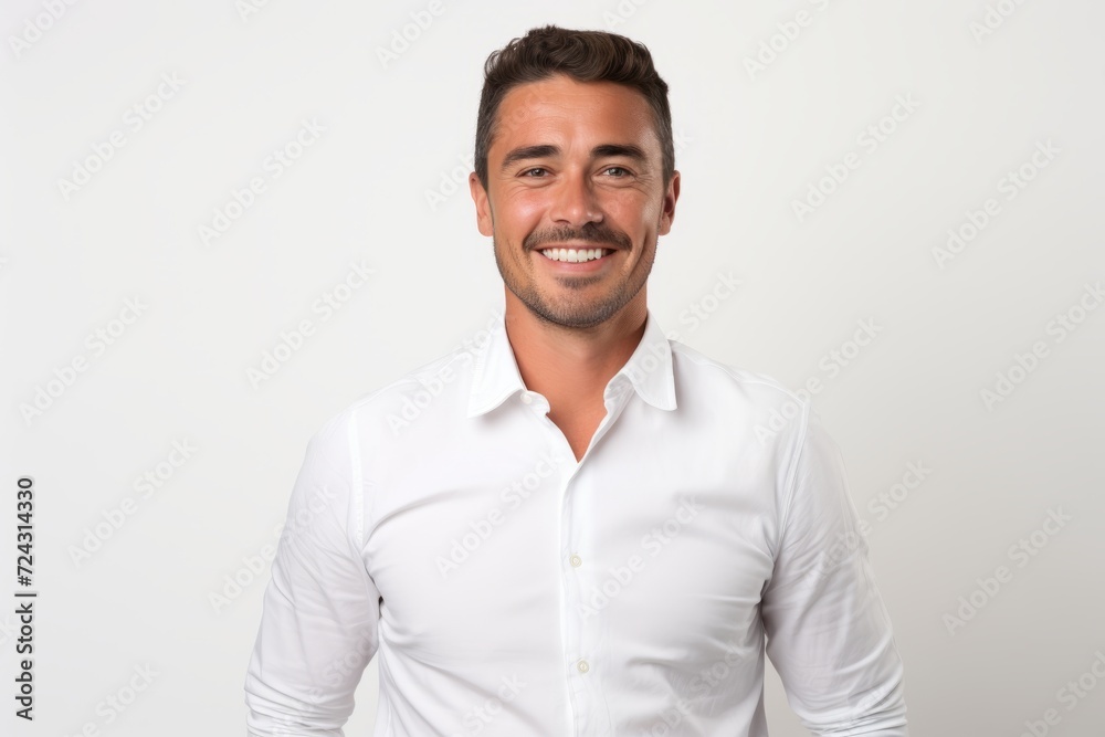 Handsome young man in white shirt smiling and looking at camera while standing against white background Handsome young man in white shirt smiling and looking at camera while standing against white background