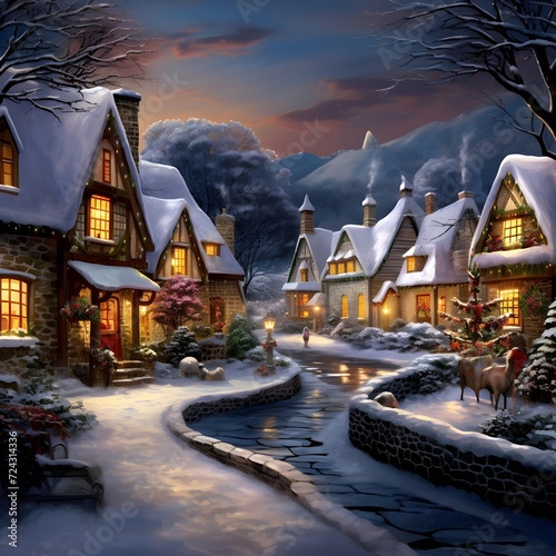 Winter night in a small village. Digital painting. Christmas card.