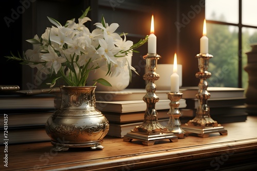 Vintage candlesticks and candles on the table in the room