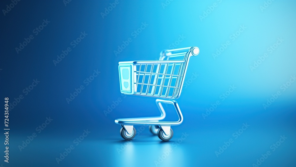 Shopping cart icon on blue background. 3D rendering. Neon sign.