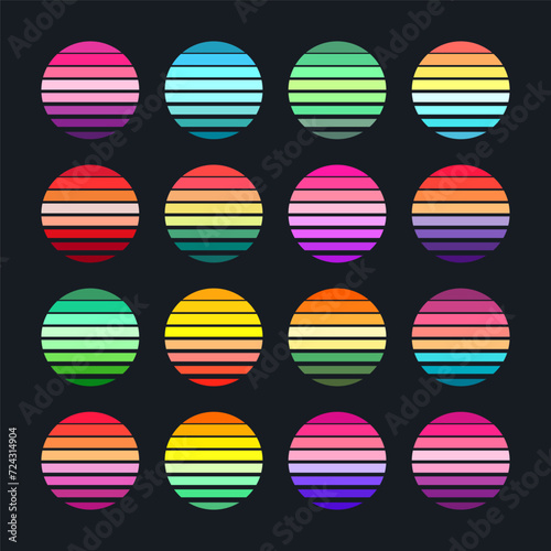 Fototapeta Naklejka Na Ścianę i Meble -  Vintage sunset collection. Colorful striped sunrise badges in 80s and 90s style. Sun and ocean view, summer vibes, surfing. Design element for print, logo or t-shirt. Vector illustration