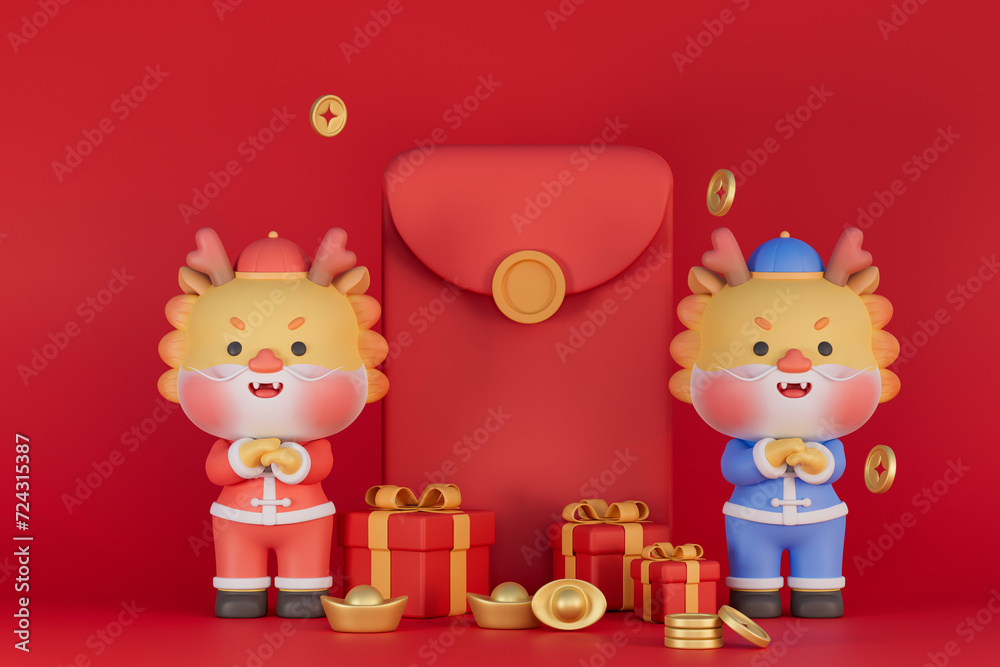 Naklejka premium 3D rendering of the Chinese Spring Festival illustration celebrating the Year of the Dragon