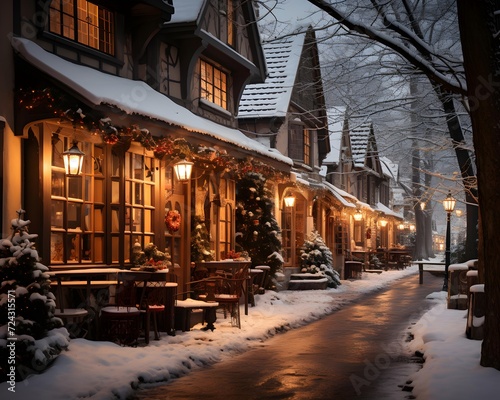Snowy street in old town at night. Winter in Poland.