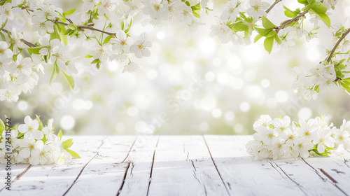 白塗りの木材に広がる春の柔らかな桜の花びら。リラックスした日本・ハーモニーのイメージ。 photo
