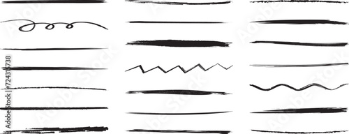 Brush sketch line, charcoal scribble, chalk drawn underline, pencil stroke mark, crayon and pen marker, graffiti paint doodle vector set, grunge effect. Drawing ink illustration photo