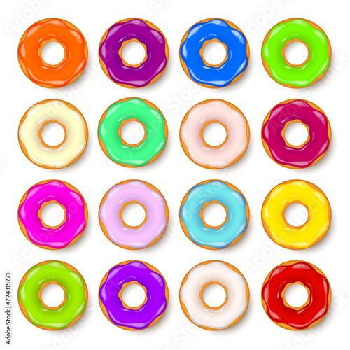 Donut, begel with cream. Cookies,cookie cake set. Sweet dessert with sugar and caramel. Tasty breakfast cooking. Cafateria food, snack. Coffee shop.Vector illustration.
