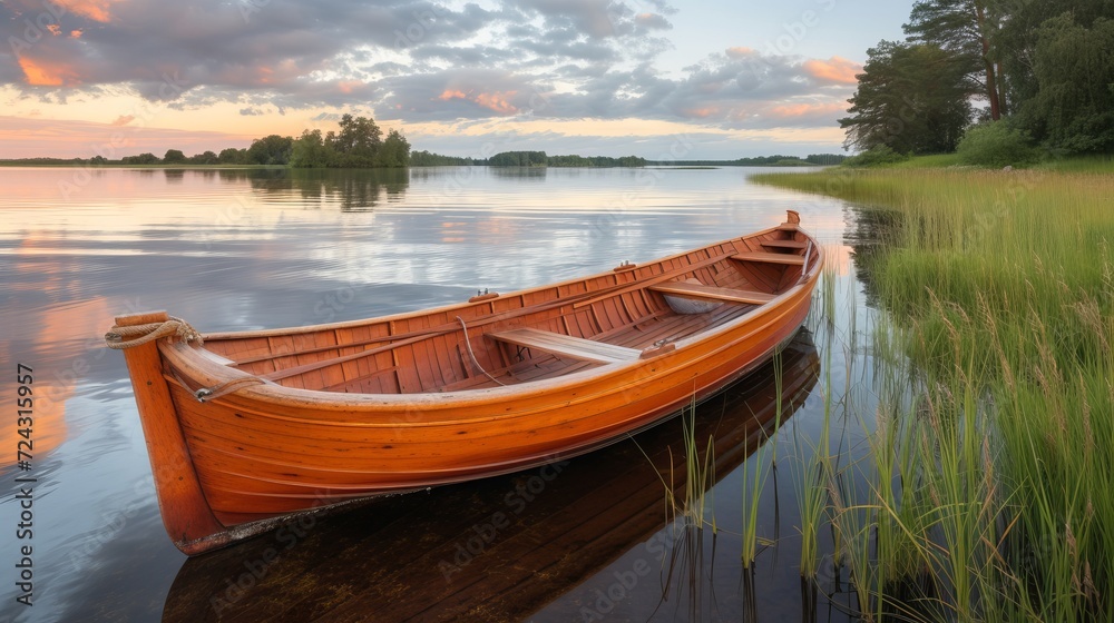 Tranquil wooden boat on lake with reflections at dawn, peaceful nature landscape