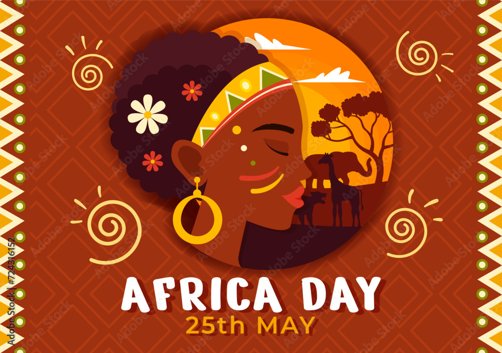 Happy Africa Day Vector Illustration on 25 May with Culture African Tribal Figures and Typical Animal in Flora and Fauna Flat Cartoon Background