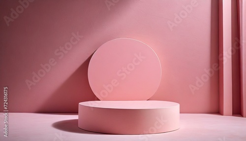 a pink wall background. harmony between form and color, round pink podium, A modern and abstract minimal scene unfolds,