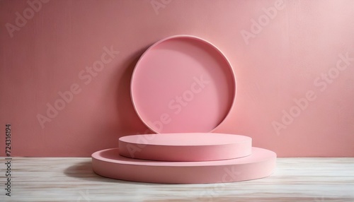 a round pink podium against a pink wall background. harmony between form and color, A modern and abstract minimal scene unfolds,