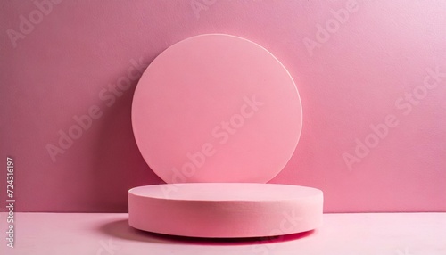 A modern and abstract minimal scene unfolds, a round pink podium against a pink wall background. harmony between form and colorpink and white pills in a box