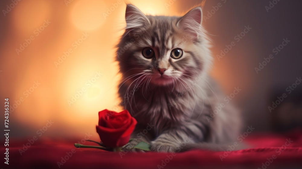 Fluffy cat with a single red rose in a romantic, soft-focus setting.