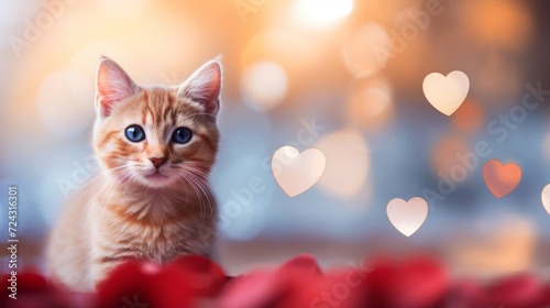 Cute orange kitten with blue eyes surrounded by romantic red rose petals and heart-shaped bokeh.