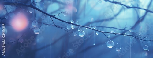 Raindrops on a tree branch in the dark. Generative AI.