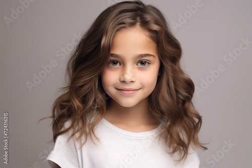 Portrait of a cute little girl with long curly hair. Studio shot. © Iigo