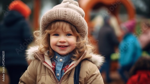 Cute child with blue eyes and curly hair smiling warmly, wearing a cozy winter hat outdoors. © tashechka
