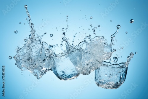 Three glasses of water splashing on a blue background. Generative AI.