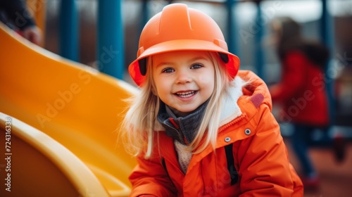 Adorable young girl with a bright smile wearing an orange hard hat and jacket on a playground. © tashechka