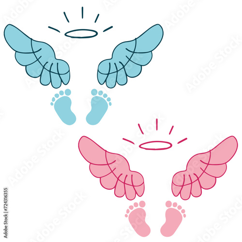 Angel wings and pink and blue footprints, baby, baby shower