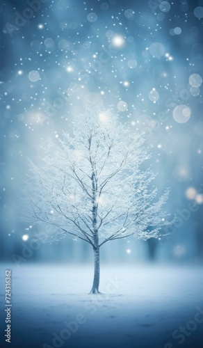 Winter tree in the snow with snow falling. Generative AI. © serg3d