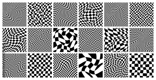 Trendy checkered pattern, black and white distorted tiled grid. Wavy curved backdrop, distortion effect. Funky geometric chessboard texture, retro background in 90s style, y2k. Vector illustration