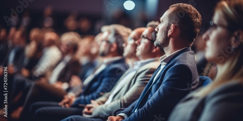 A focused audience attentively listens to a speaker at a professional business conference event.