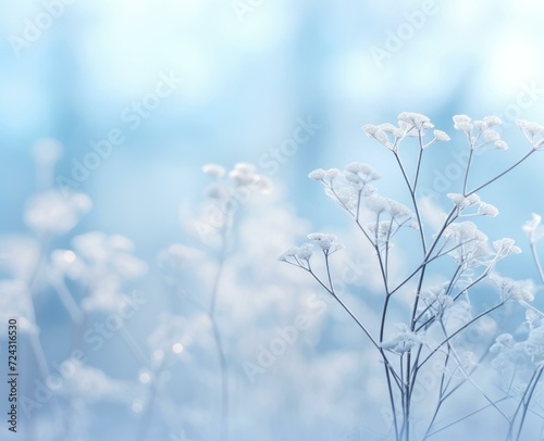Frosty winter flowers in the field. Generative AI.