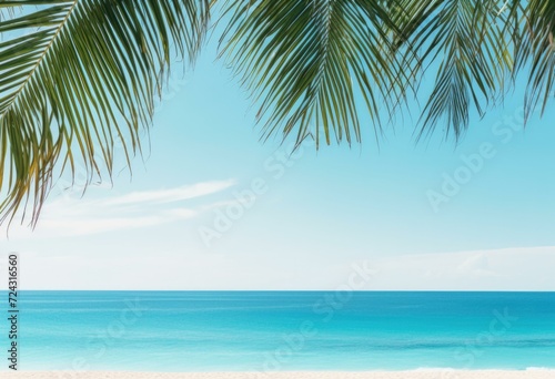 Tropical beach with palm tree and blue sky. Generative AI. © serg3d