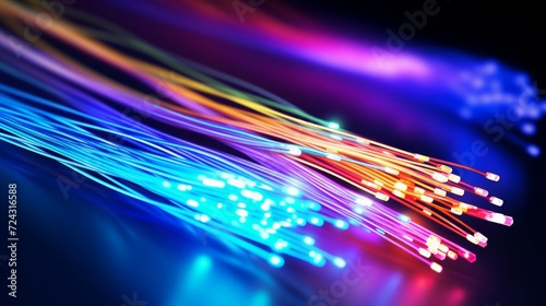 Vibrant multicolored fiber optic cables shining against a dark backdrop, representing high-speed data transmission.
