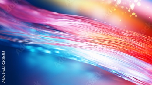 Close-up of abstract glowing pink and blue light fibers, creating a vibrant and modern technology background.