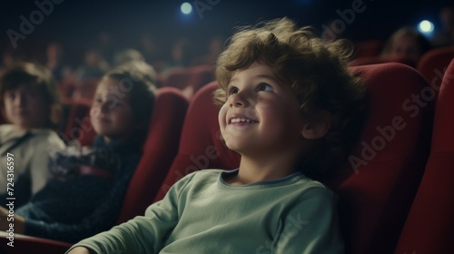 A young child smiling joyfully, engrossed in watching a movie at a cinema with a backdrop of red seats and dim lighting.