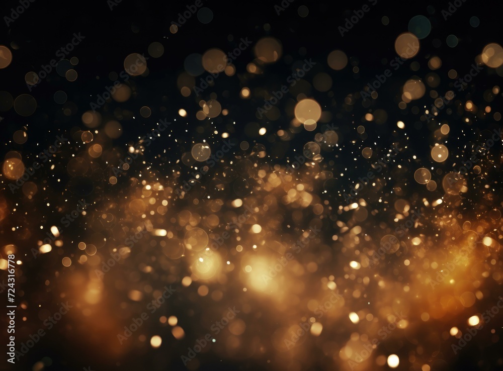 Golden glittering lights on a black background. Generative AI.