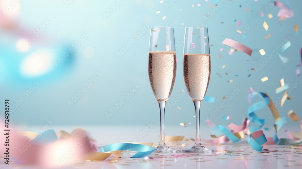 Two champagne glasses clinking together amidst vibrant confetti, symbolizing celebration and festivity.