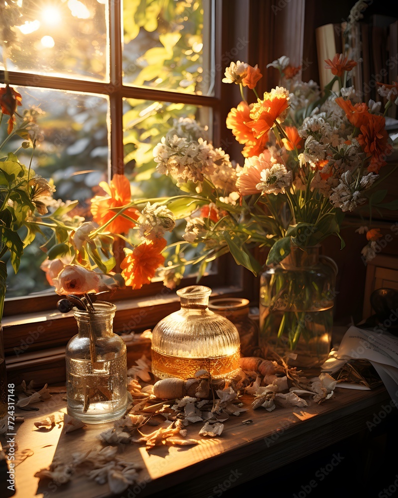 Vase of flowers on the windowsill in the morning sunlight.