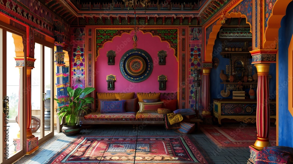 Obraz premium Eclectic Indian Living Room with Bright Pink Walls and Ethnic Decor