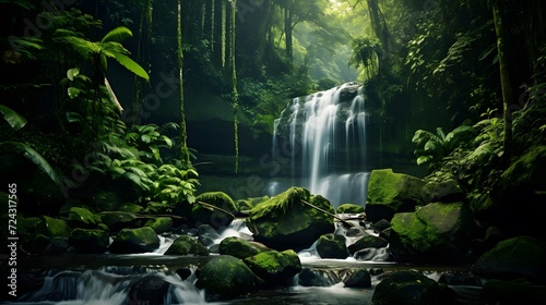 Panoramic view of a small waterfall in a tropical forest.