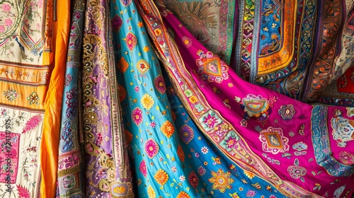 Detailed Embroidery on Colorful Indian Fabrics at a Local Bazaar
