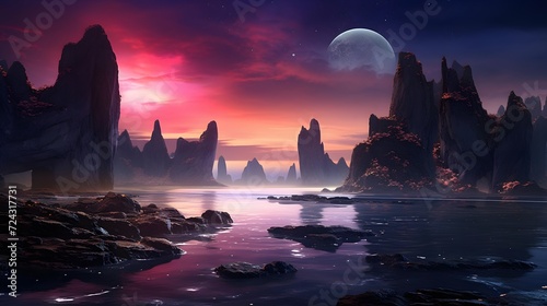 Fantasy landscape. Mountain and lake at night. 3d illustration