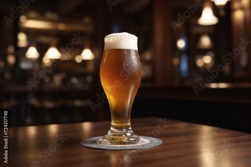 Canvas-taulu Golden lager in glass with foam in pub. Generative AI