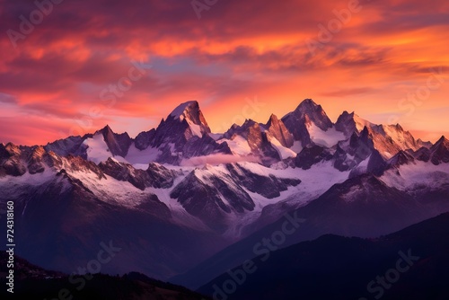 Sunset in the mountains. Panoramic view of the Alps.