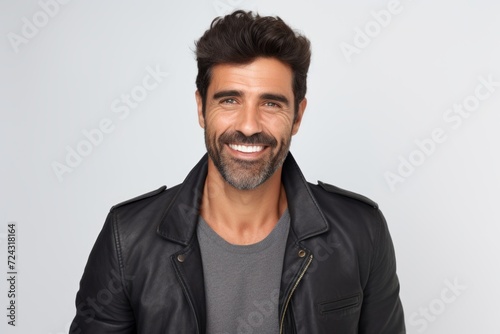Portrait of handsome man in leather jacket smiling and looking at camera.
