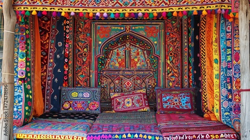 Bohemian Style Indian Canopy with Ornate Textiles and Cushions