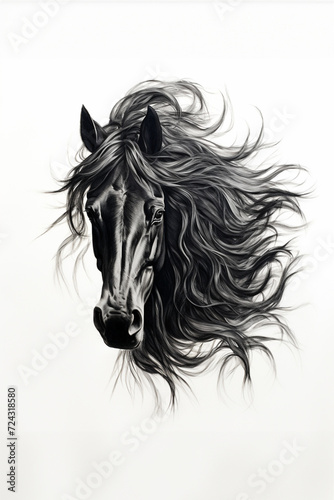 Head and shoulders of a pure black Friesen horse with flowing mane staring at the camera on an all white background.