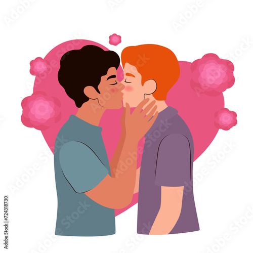 Kissing gay couple on white background