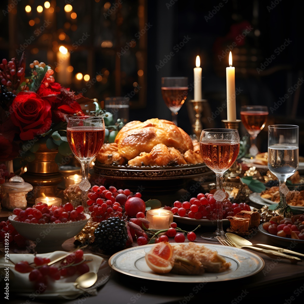 Festive table setting for Christmas or New Year dinner. Glasses of wine, croissants, fruits, berries and candles on the table.