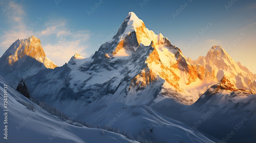 Mountain panorama with snow and clear blue sky. 3d render