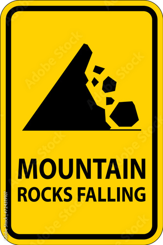 Road Warning Sign, Mountain Rocks Falling Symbol